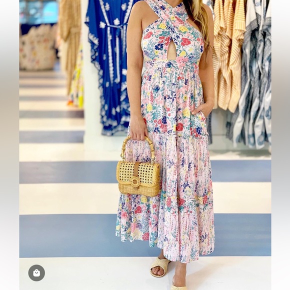 Banjanan Criss Cross Front Keyhole Dress, Pink Floral - Picture 2 of 9